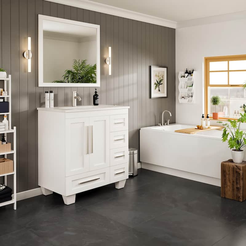 Eviva Loon 30"W x 22"D White Bathroom Vanity with White Carrara Quartz Vanity Top and Rectangular Undermount Sink
