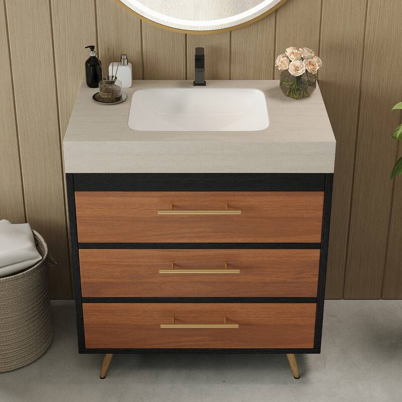 GDFStudio - Athens Modern 29.9" Freestanding Bathroom Vanity with Sintered Stone Top, Ceramic Vessel Sink & Stainless Steel Legs