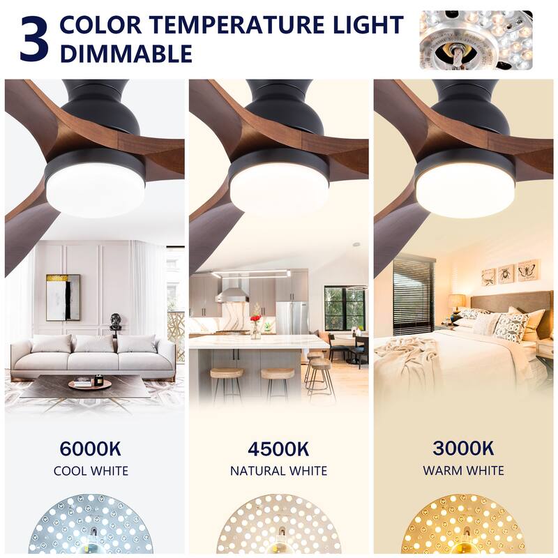 52 Inch Ceiling Fans With Lights,3 Color Dimmable LED,3 Solide Wood Blades Ceiling Fan with Remote Control Reversible DC Motor