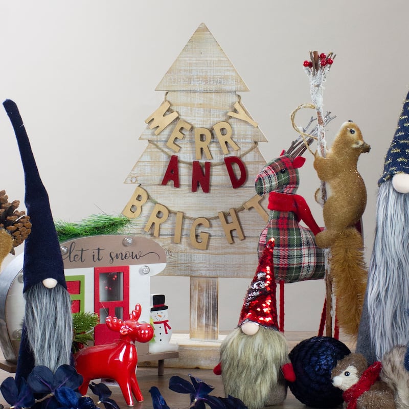 Wooden Tree "Merry and Bright" Christmas Decoration - 23" - Gold and Red