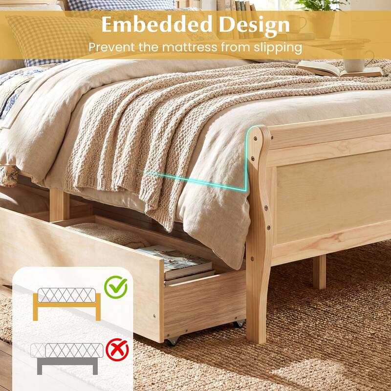 Costway Twin Size Bed Frame with 2 Storage Drawers Wood Platform Bed