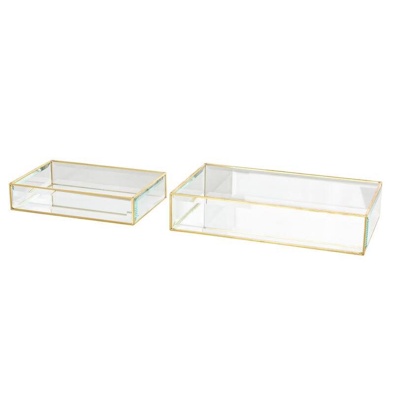 Clear Glass Beveled Decorative Jewelry Box with Gold Metal Frame (Set of 2)