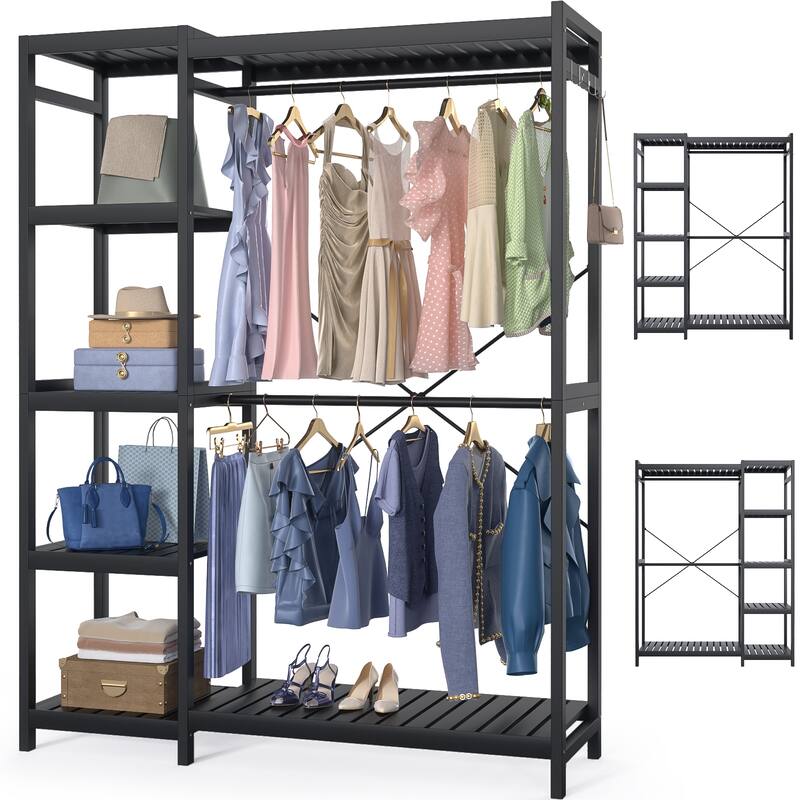 Bamboo Closet System Clothes Rack, Large Freestanding Garment Rack Clothing Rack for Hanging Clothes