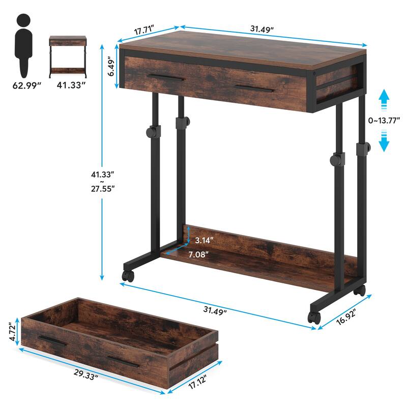 Portable Mobile Laptop Desk with Drawers, Rolling Standing Sofa Side Table for Home Office