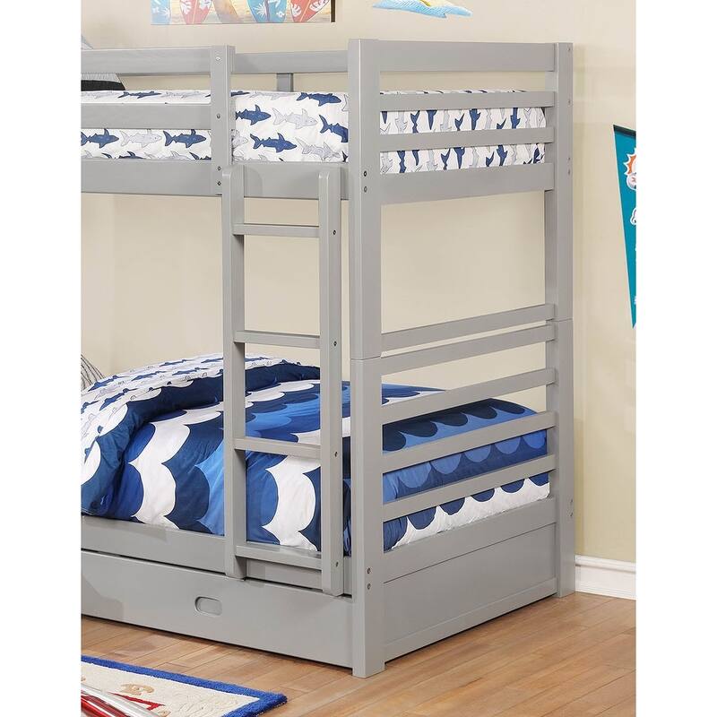Twin Over Twin Bunk Bed with Two Drawers and Attached Ladder in Gray
