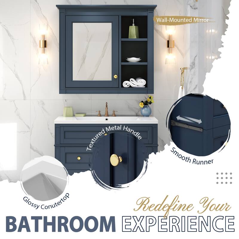 30-Inch Bathroom Vanity with Ceramic Undermount Sink, Mirror Cabinet, 3 Soft-Close Drawers, and Modern Design