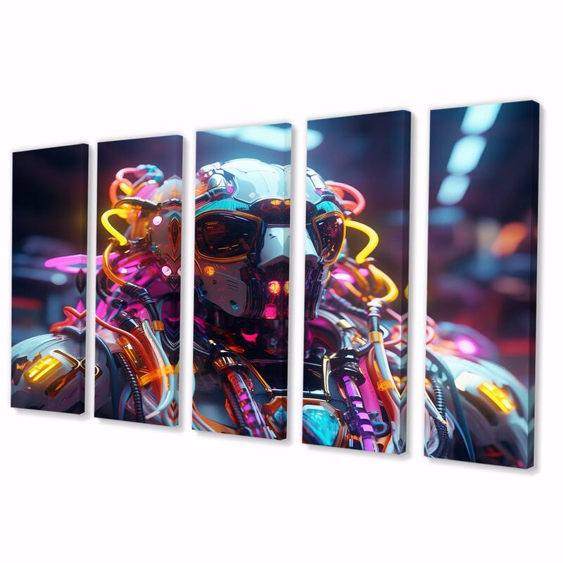 Designart "Sci-Fi Retro Futuristic Robot In Neon III" Robot Multipanel Wall Art Living Room set