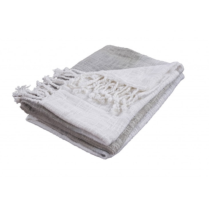 50" X 60" Gray and White Woven Cotton Ombre Throw Blanket with Fringe