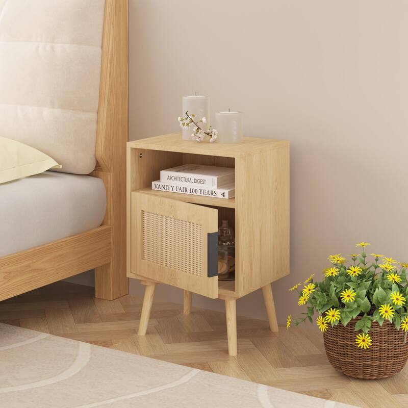 Rattan Nightstand, Side Table With Door Open Shelf, Accent Bedside End Table With Solid Wood Legs