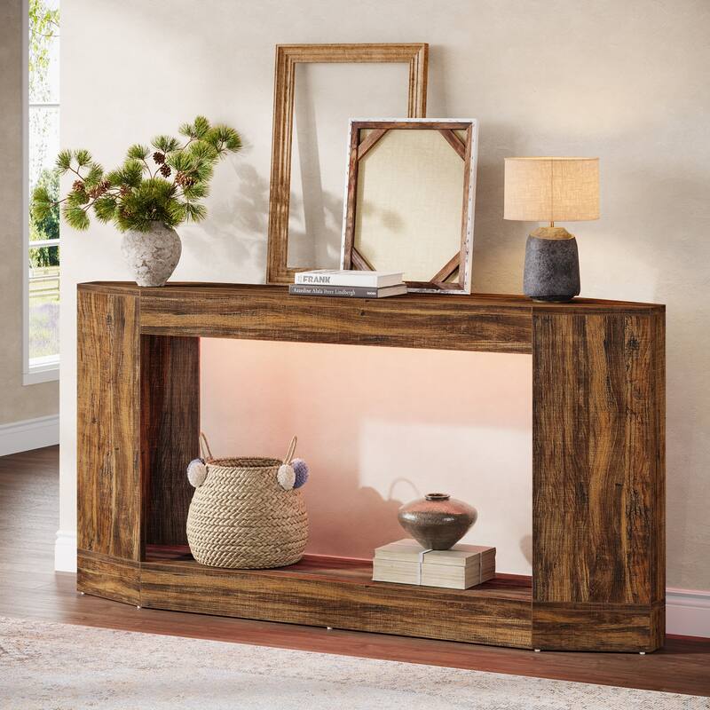  63" Light Wood Console Table with LED & Outlet, Sofa Table - Large - Brown