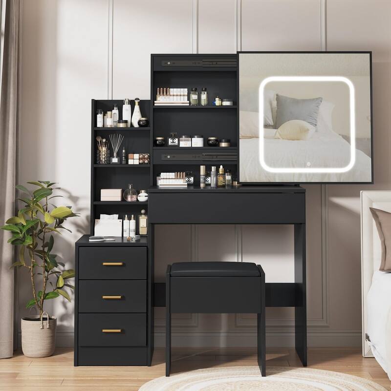 Vanity Desk with Sliding Mirror, Charging Station, 4 Drawers, Shelves, Stool - Black