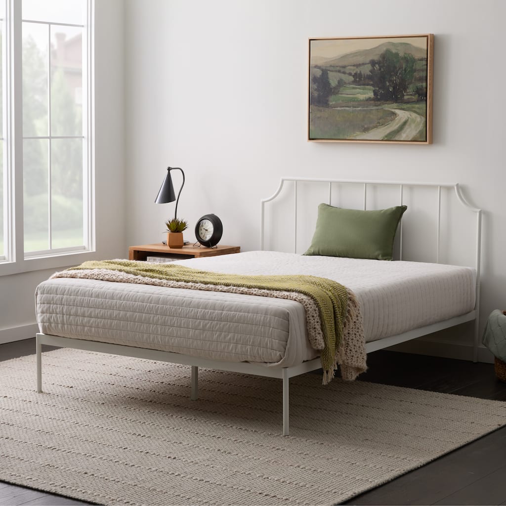 Metal Platform Bed with Rectangular Vertical Bar Headboard and Scooped Accents, King Size, White Finish
