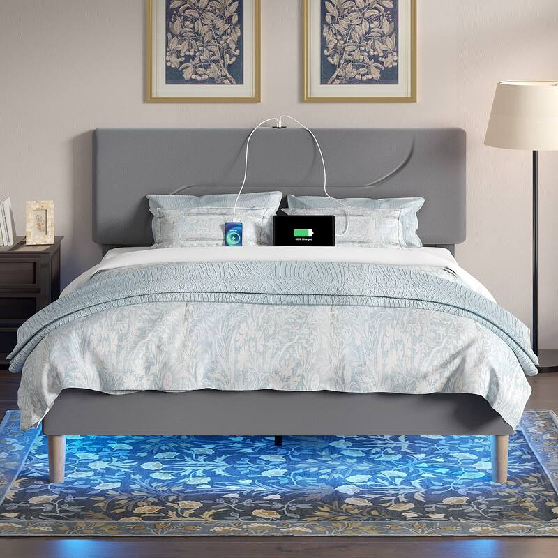 Javlergo Bed Frame with Smart LED Lights, Velvet Bed Frames with USB Charging Station, Modern Platform Bed - Grey - Queen