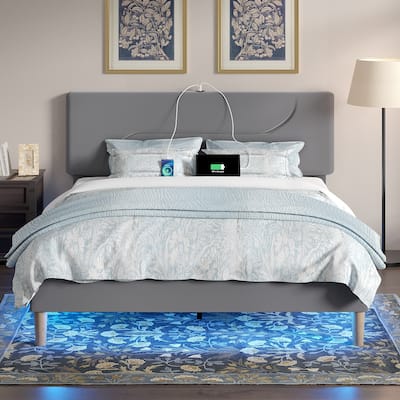 Javlergo Bed Frame with Smart LED Lights, Velvet Bed Frames with USB Charging Station, Modern Platform Bed