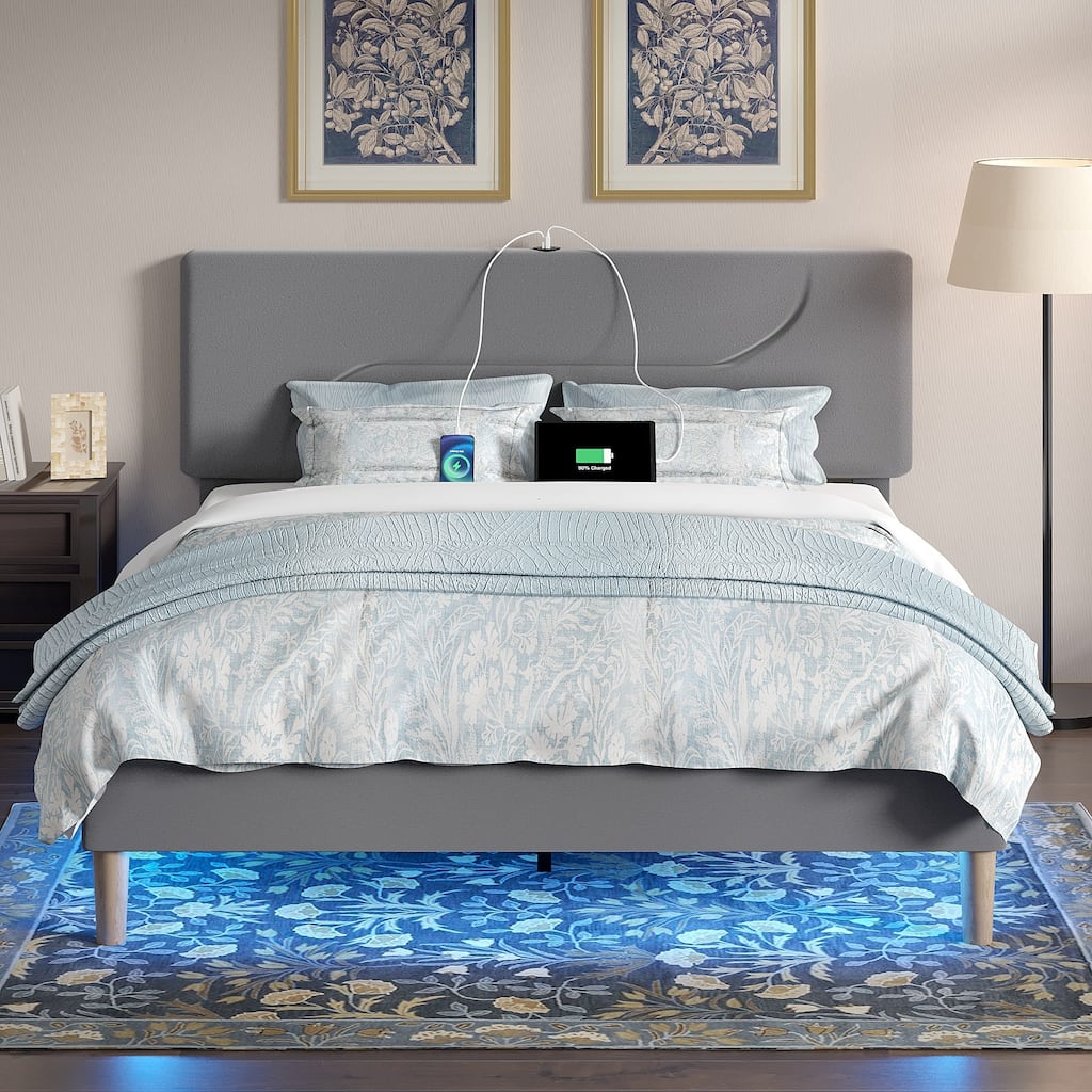 Javlergo Bed Frame with Smart LED Lights, Velvet Bed Frames with USB Charging Station, Modern Platform Bed