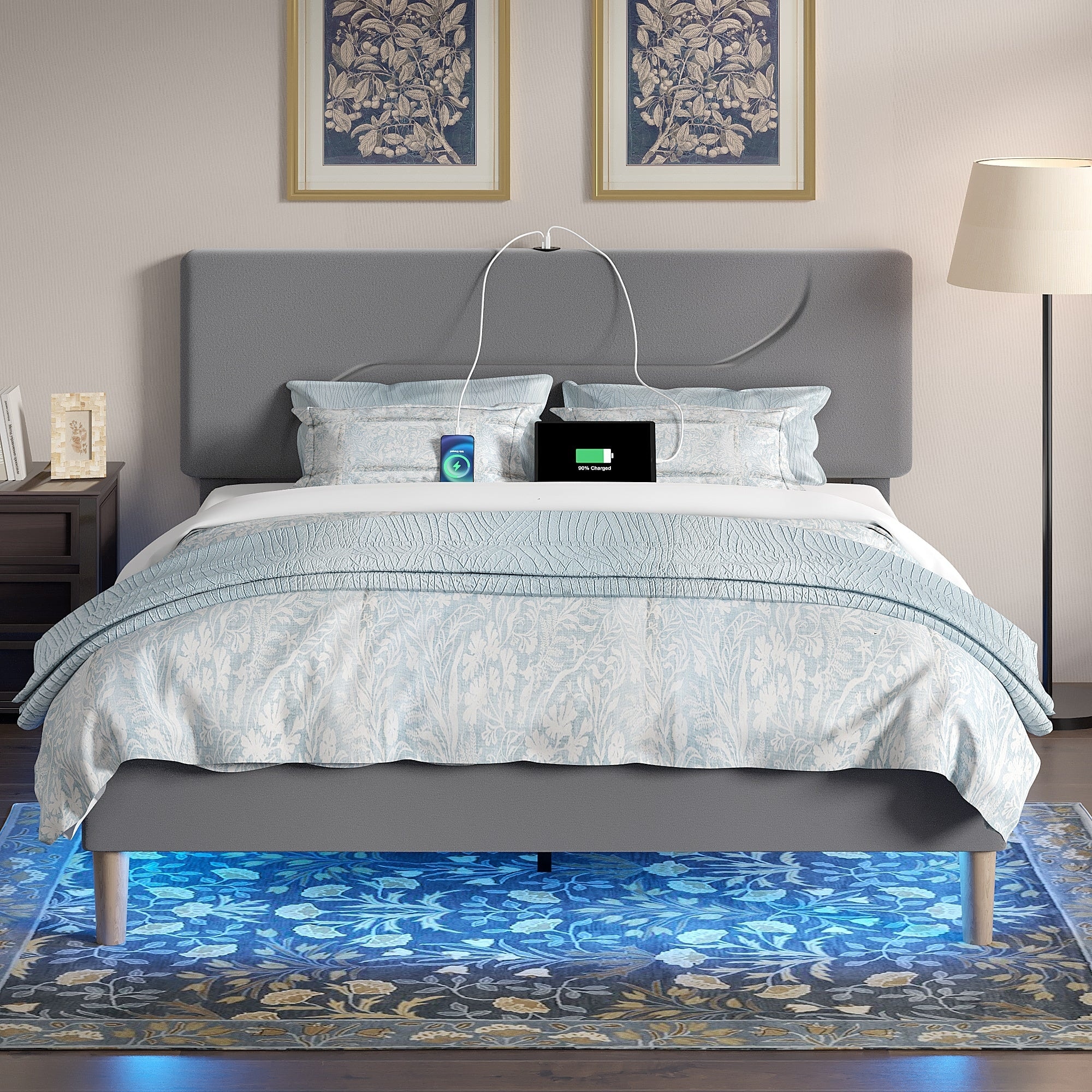 Javlergo Bed Frame with Smart LED Lights Velvet Bed Frames with USB Charging Station Modern Platform Bed