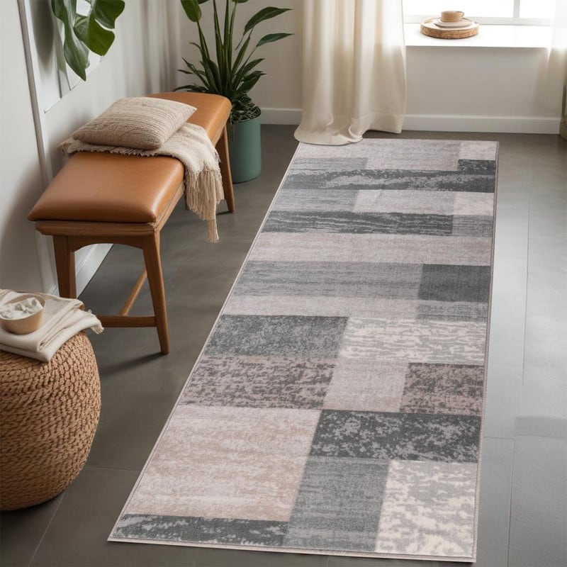 Superior Rockwood Modern Geometric Washable Indoor Runner or Area Rug - 2' x 6' - Blue-Taupe