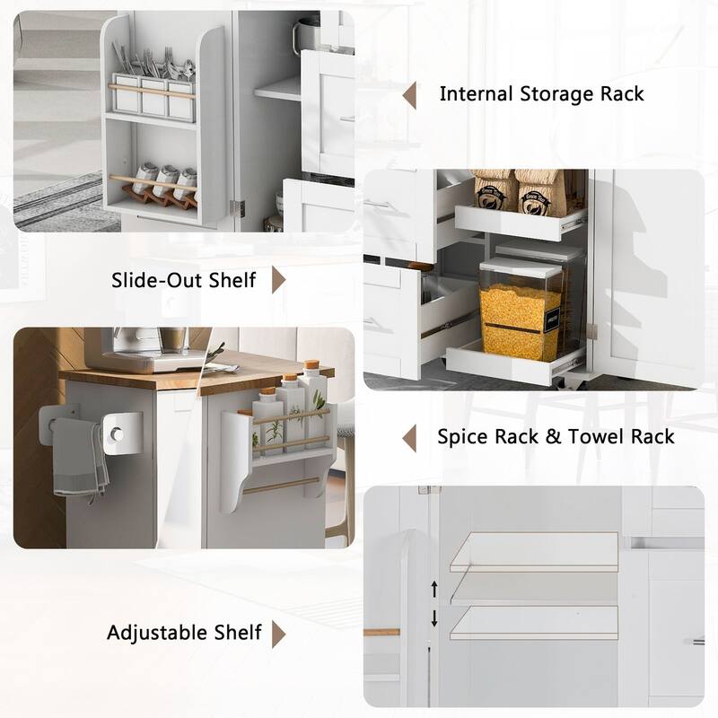 Rubberwood Kitchen Cart with Internal Storage Rack, Spice Rack, 2 Slide-Out Shelf, and 3 Drawer