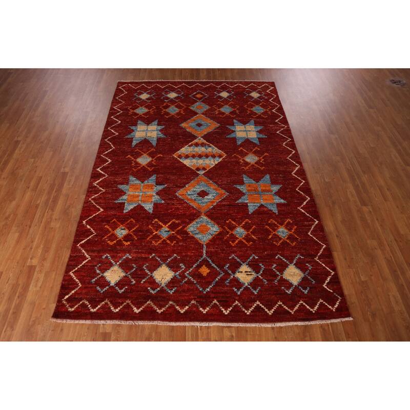 Red Geometric Moroccan Oriental Area Rug Handmade Modern Wool Carpet - 6'10" x 10'2"