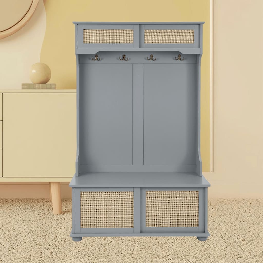 4-in-1 Entryway Hall Tree with Rattan Weaving, Coat Hooks, Shoe Storage Bench and Solid Wood Feet for Hallway Mudroom