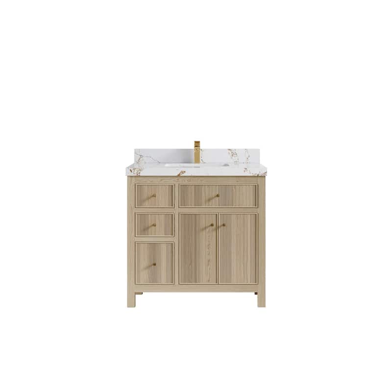 Willow Collections 36 x 22 Sonoma Oak Wood Center Sink Right Bathroom Vanity with Quartz or Marble Countertop