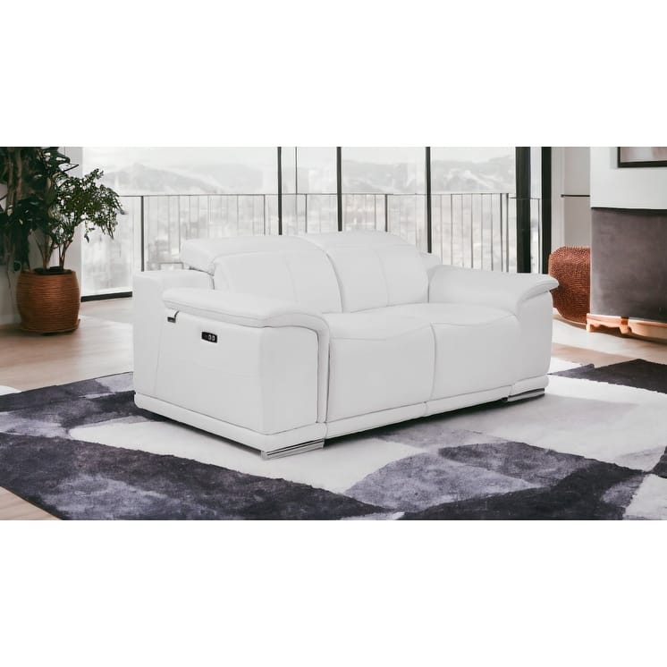 HomeRoots 72" White And Silver Italian Leather Power Reclining Loveseat - White