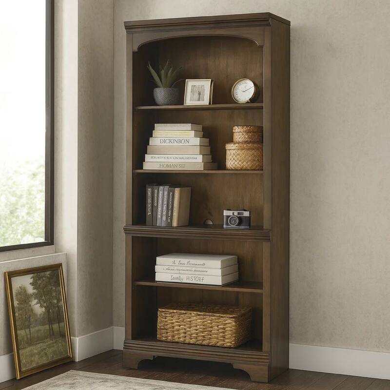 Tia 78 Inch 5 Tier Rubberwood Bookcase, 3 Adjustable Shelves, Oak Brown