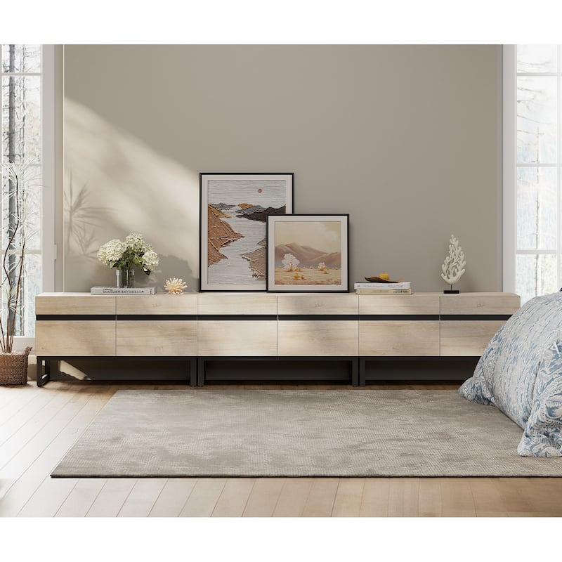 WAMPAT Modern TV Stand with Storage Cabinets, Wood Entertainment Center Media Console Table with Metal Legs for Living Room - 3 piece - Light Oak