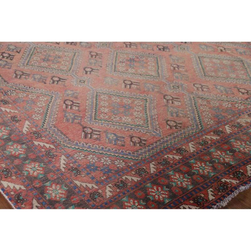 Pink Geometric Joshaghan Vintage Persian Rug Hand-Knotted Wool Carpet - 6'2" x 9'9"