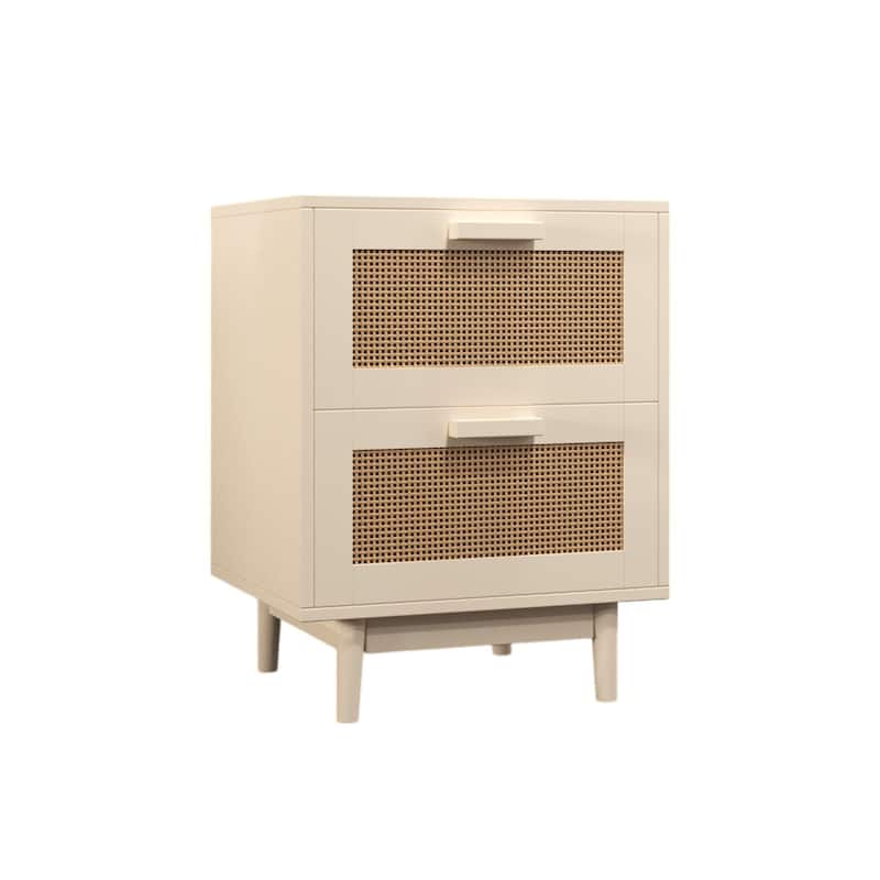 Nightstand with 2 Faux Rattan-Decorated Drawers, Entryway Accent Table with Wood Legs, Large Capacity Sofa Side Table