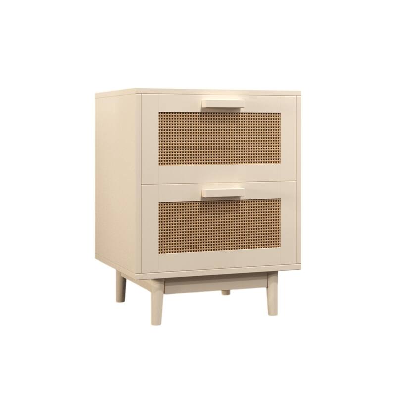 Rattan Nightstand, Wood End Table, Side Table with 2 Faux Rattan-Decorated Drawers for Living Room, Bedroom