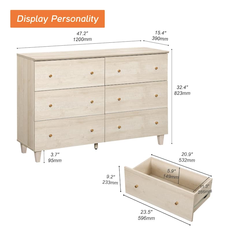 6 Drawers Dresser for Bedroom, Wooden Wide Chest of Drawers
