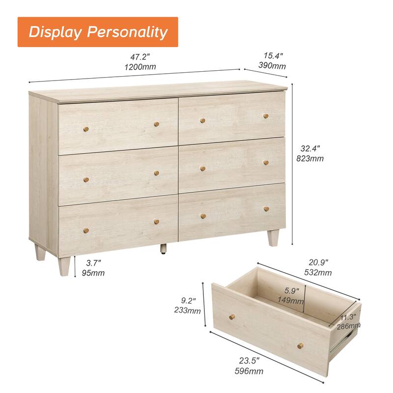 Wood Dresser with 6 Drawers for Bedroom, Closet, Nursery