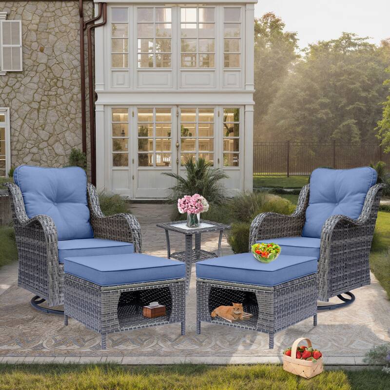 5 Piece Outdoor Wicker Patio Swivel Chair with Ottoman Conversation Set