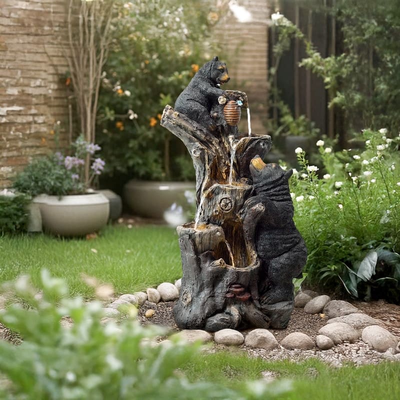 Vbal Resin Bears and Honeycomb 4-Tier water extraction Outdoor Fountain with LED Light