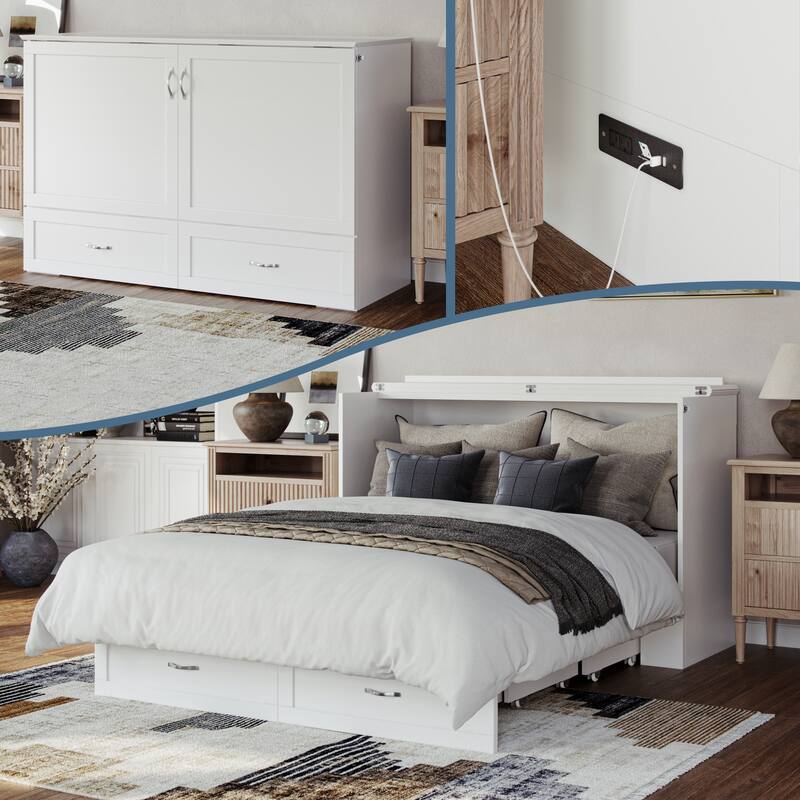 AFI Raleigh Queen Solid Wood Murphy Bed Chest with Mattress - White