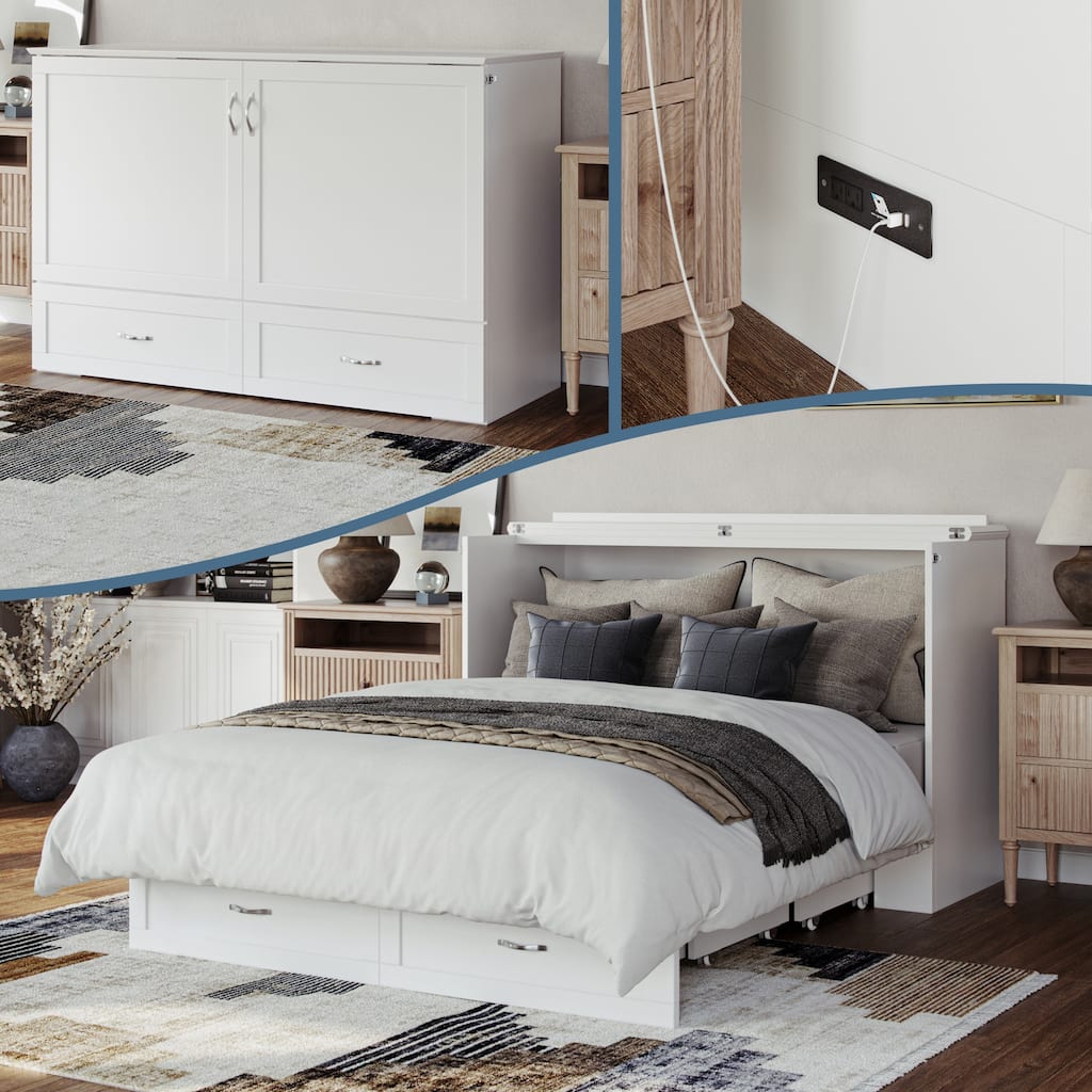 Raleigh Queen Murphy Bed Chest with 6" Mattress, Storage Drawer & Built-In Charger in White