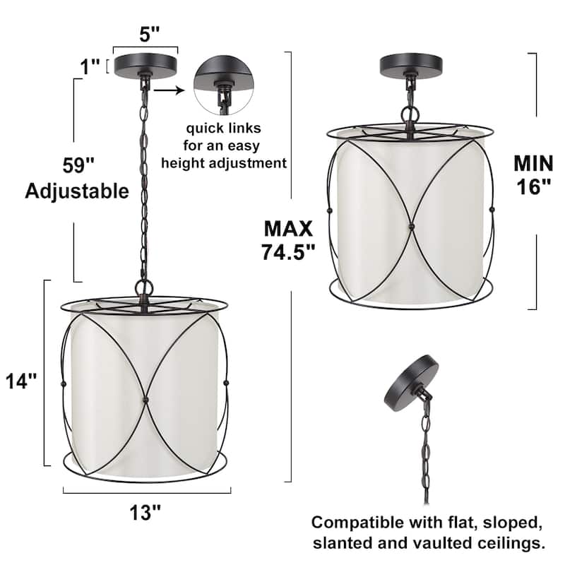 Modern Farmhouse Black Chandelier Drum Pendant Lights with Off-white Fabric for Kitchen Island - D13" X H 14"