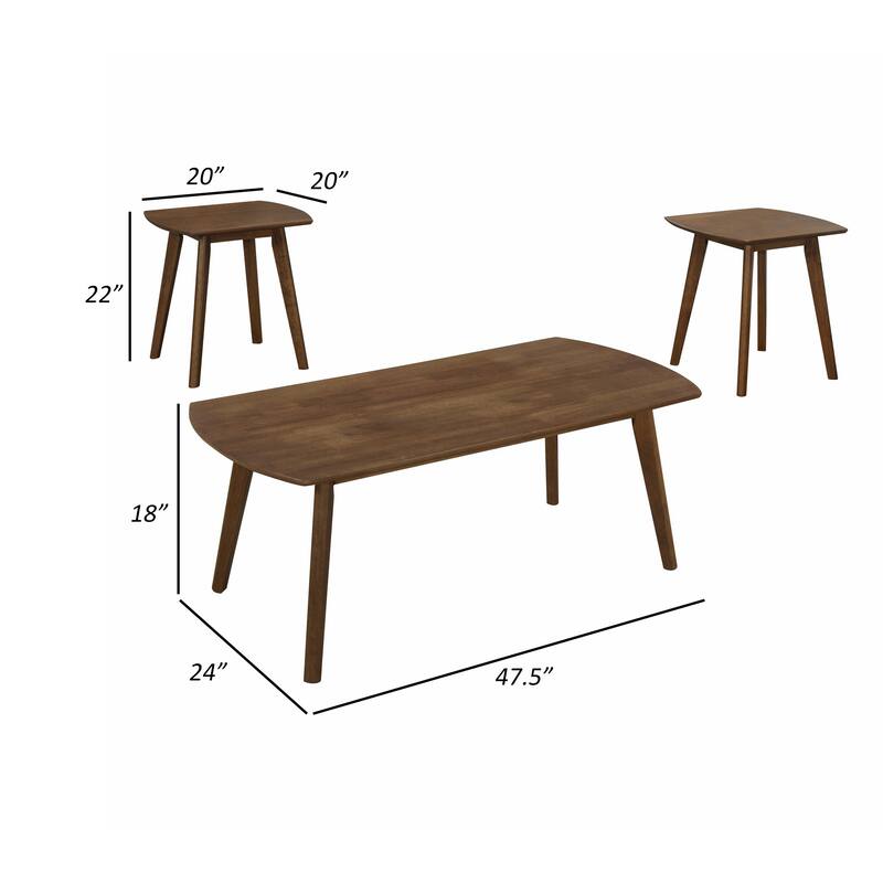 Indy 3 Piece Coffee and End Table Set, Angled Legs, Walnut Brown Solid Wood