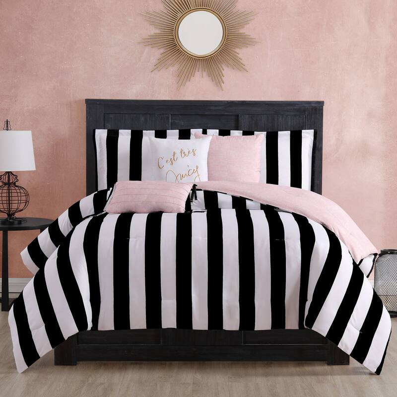 Juicy Reversible Cabana Stripe Bedding Set - Black/White - Queen