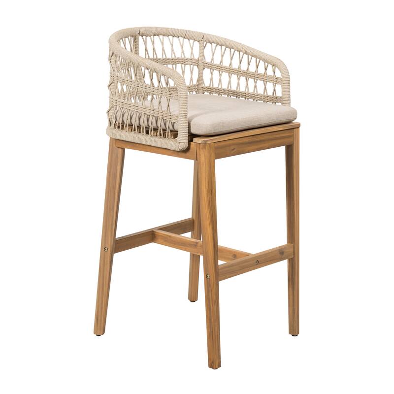 Roomfitters Laguna Outdoor Wood and Rope Barstools with Cushions, Teak Finish and Beige Set of 2