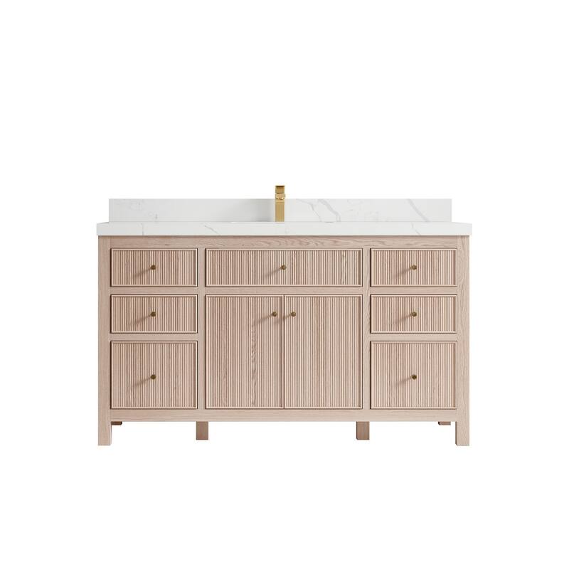 Willow Collections 60 x 22 Sonoma White Oak Wood Single Sink Bathroom Vanity with Quartz or Marble Countertop - 2"Calacatta Laza - White Oak