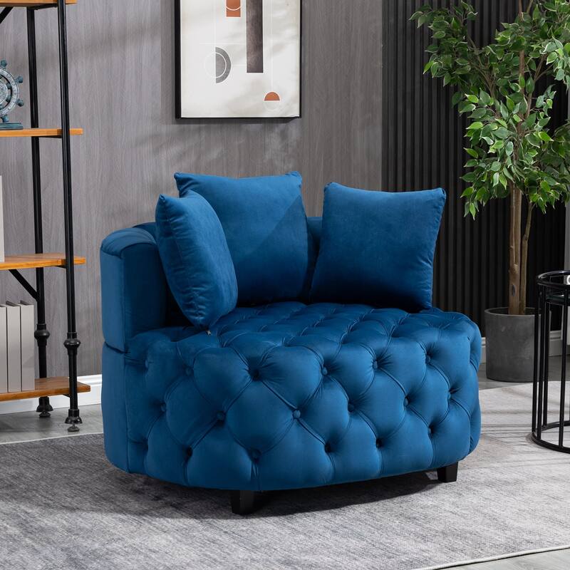 Blue Modern 24" Velvet Upholstered Buttons Tufted Barrel Chair with Pillows