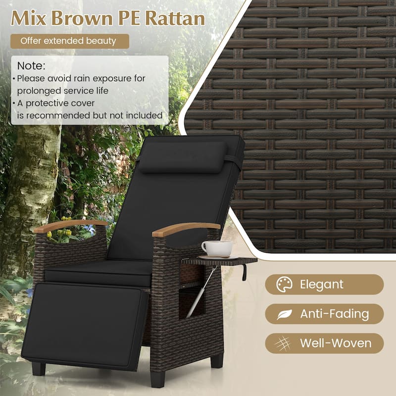 Adjustable Rattan Recliner Chair with Black Cushion and Foldable Side Table for Outdoor Use - 31"-56" x 24" x 41.5"-28.5"