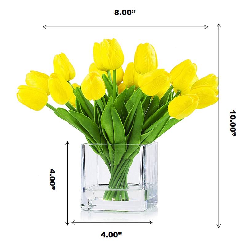 Enova Home 20 Pieces Artificial Real Touch Tulips Fake Silk Flowers Arrangement in Cube Glass Vase with Faux Water