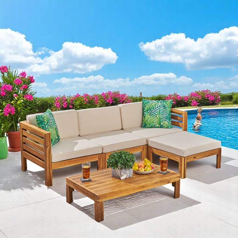 2-Piece Outdoor Patio Sectional Sofa Set, Acacia Wood Frame with Cushions, Ottoman and Coffee Table, outdoor Conversation Set - Beige
