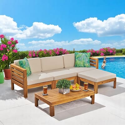 2-Piece Outdoor Patio Sectional Sofa Set, Acacia Wood Frame with Cushions, Ottoman and Coffee Table, outdoor Conversation Set