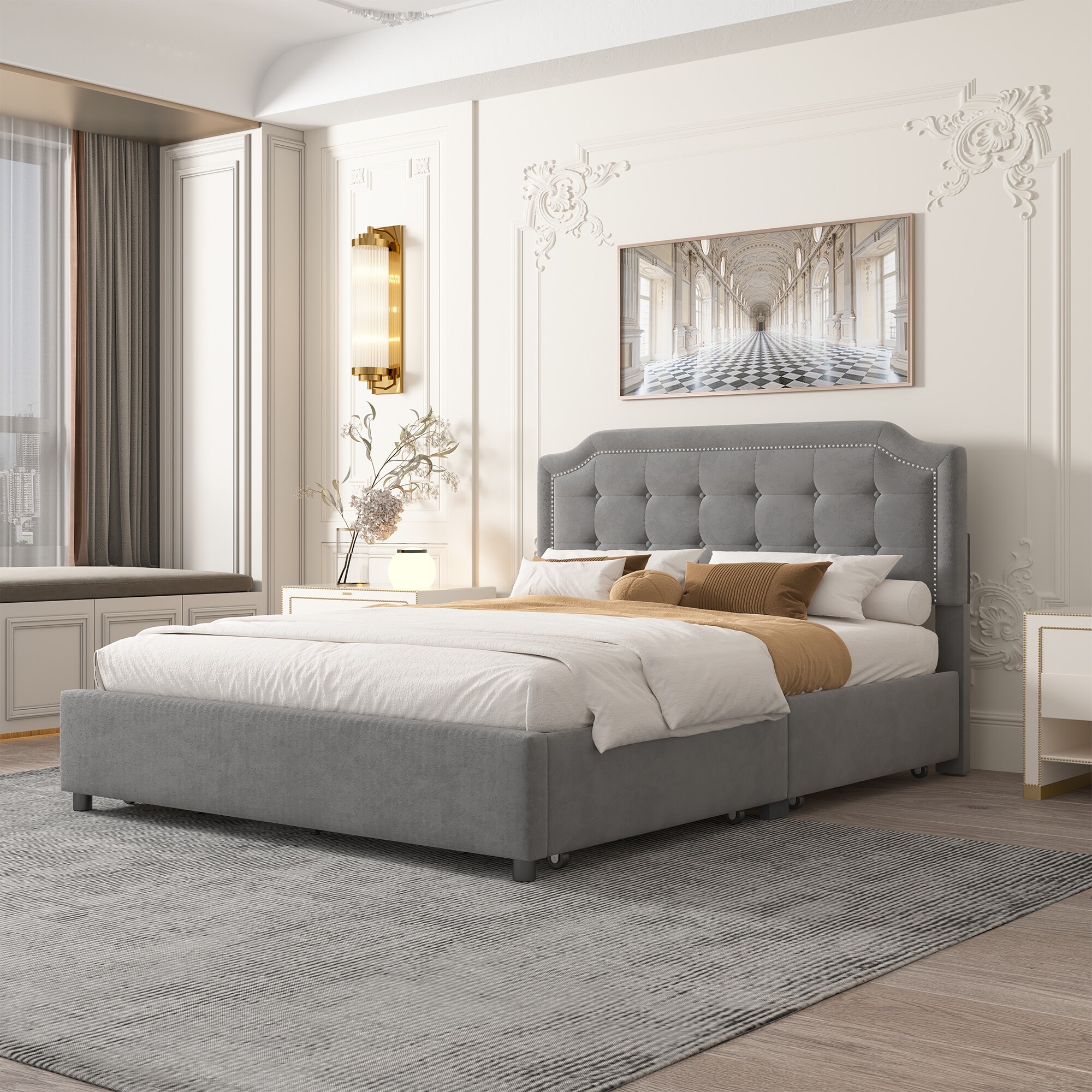 Upholstered Platform Bed with Classic Headboard and 4 Drawers No