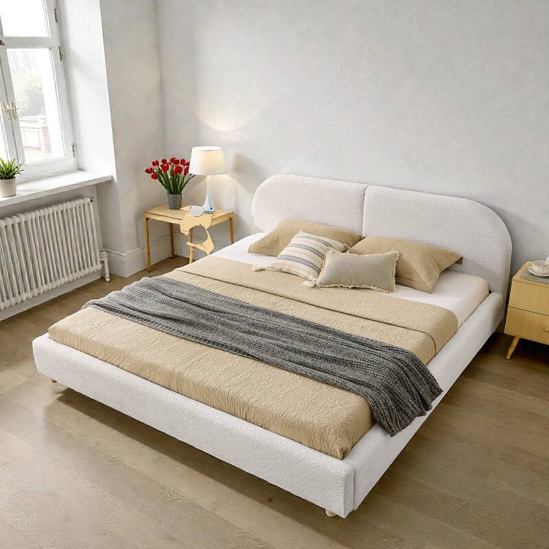 Upholstered Bed Frame with Tall Curved Headboard, Premium Circle Yarn Fabric, Modern Minimalist Platform Bed