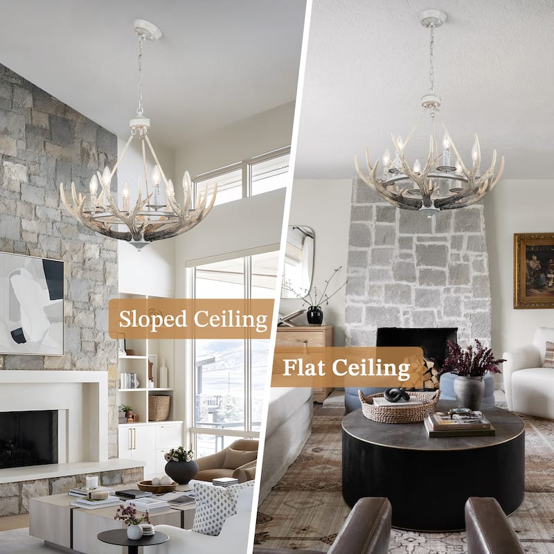 Adjustable Height 6 Lights Farmhouse Metal Frame Wagon Wheel Chandelier with Decorative Faux Antlers